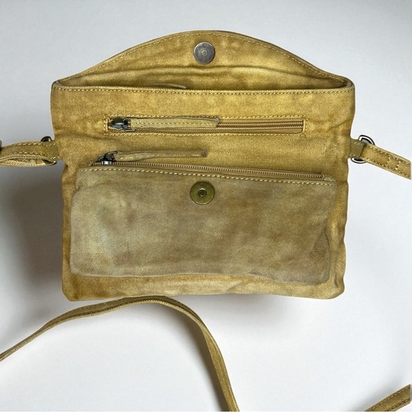 FREE PEOPLE Joni Crossbody Canvas Suede Bag Yellow Distressed Adjustable Purse - Picture 7 of 10